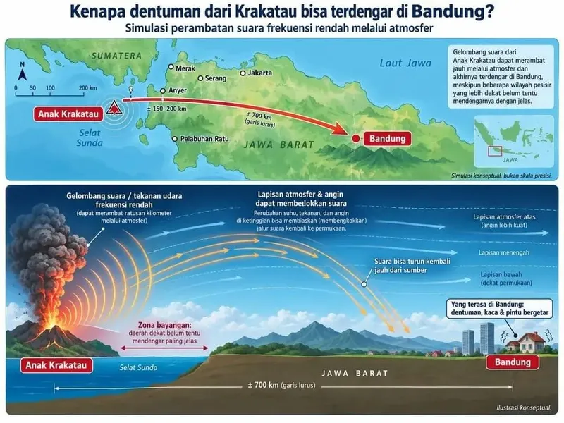 Ilustrasi konseptual dari Badan Geologi soal dentuman dari Anak Krakatau terdengar hingga Bandung (dok Badan Geologi)