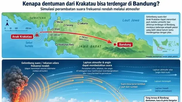 Ilustrasi konseptual dari Badan Geologi soal dentuman dari Anak Krakatau terdengar hingga Bandung (dok Badan Geologi)