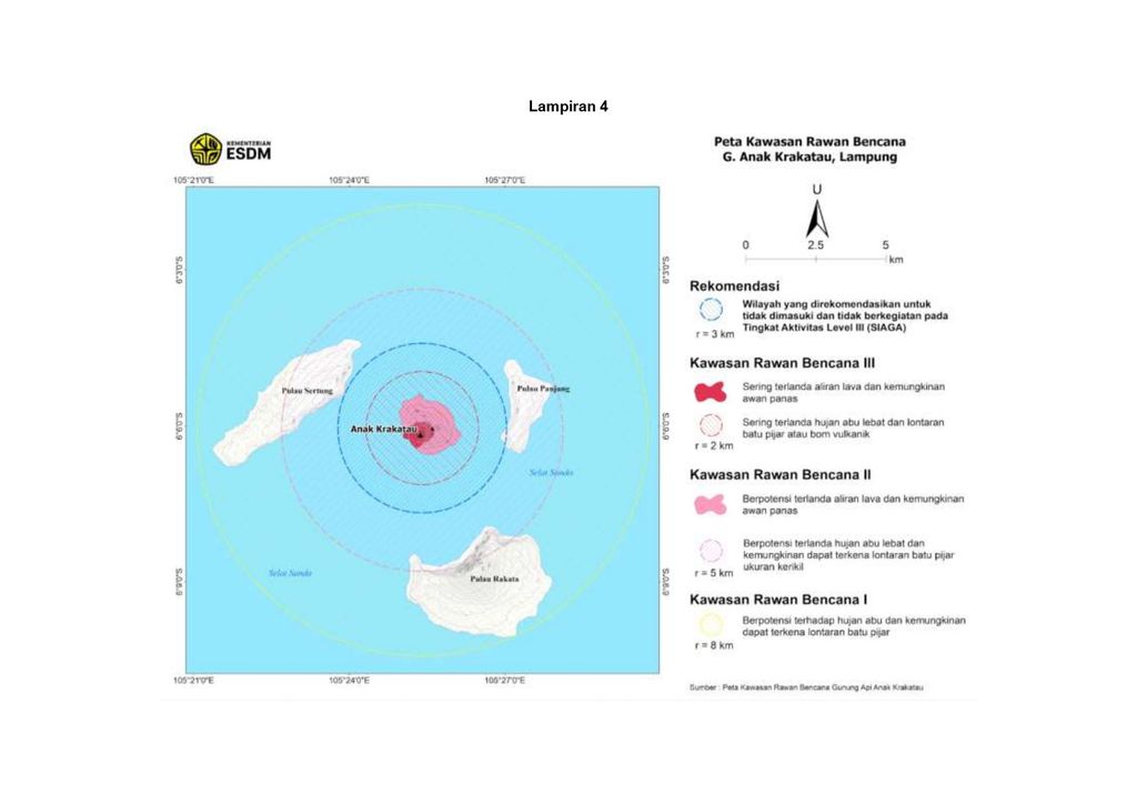 Peta kawasan rawan bencana Gunung Anak Krakatau, Lampung. Peta kawasan rawan bencana Gunung Anak Krakatau, Lampung. (Dok. Badan Geologi, Kementerian ESDM)
