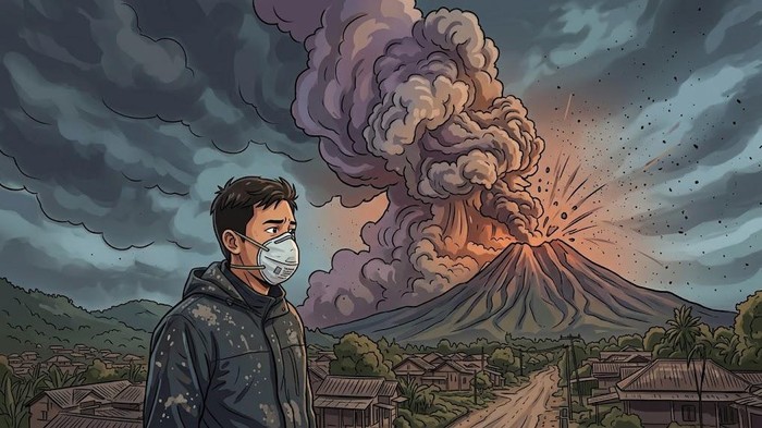 Ilustrasi erupsi dan abu vulkanik.