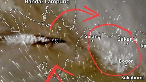 Letusan piroklastik anak Krakatau dimulai sejak sekitar pukul 23.00 WIB dan teramati dari satelit masih terjadi hingga sekarang yang beegerak ke arah barat sepanjang 851 km. (Dok. Zoom Earth via Instagram/ermayulihastin)