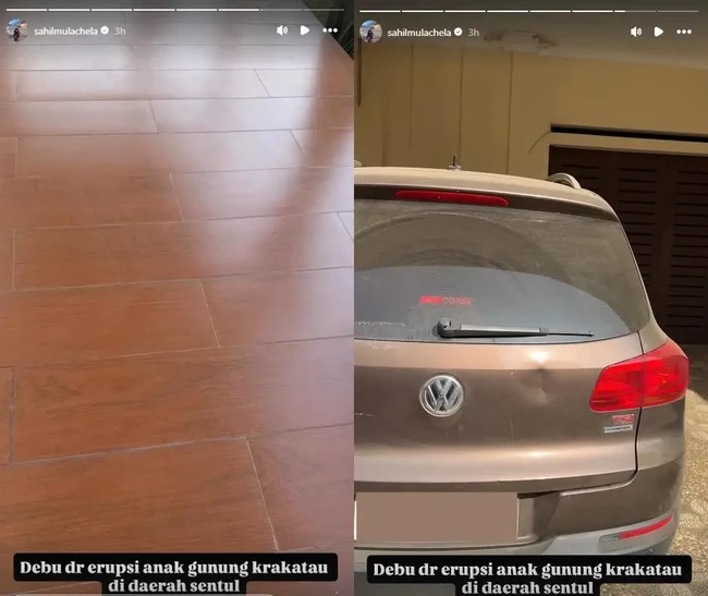 Sahil Mulachela dari Duo Bahlul yang tinggal di kawasan Sentul juga merasakan dampaknya. Ia memperlihatkan kondisi lantai rumah yang kembali menyisakan debu meski sudah beberapa kali dibersihkan. Abu vulkanik yang terus menempel membuat proses membersihkan rumah harus dilakukan berulang kali. (Foto: Instagram)