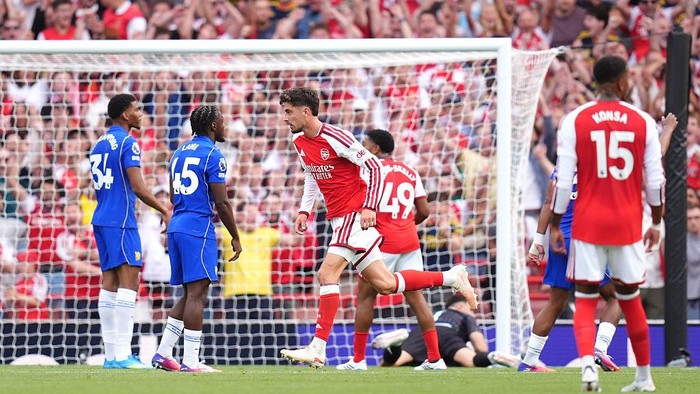 Arsenals Kai Havertz celebrates scoring their sides first goal of the game during the Premier League match at Emirates Stadium, London. Picture date: Sunday September 6, 2026. (Photo by John Walton/PA Images via Getty Images)