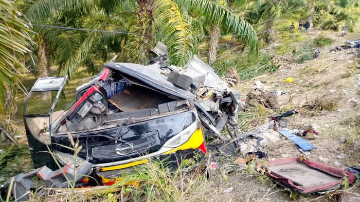 Bus Bintang Fadiyah terperosok ke kebun sawit di Mamuju Tengah, Sulawesi Barat (Sulbar).