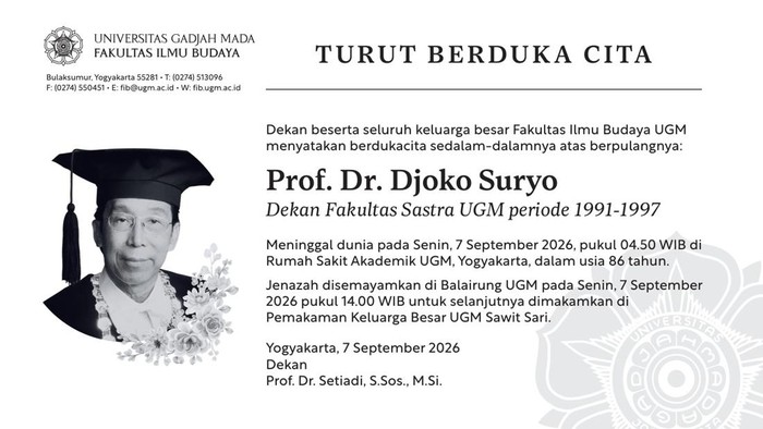 Guru Besar UGM Prof Djoko Suryo meninggal, Senin (7/9/2026).