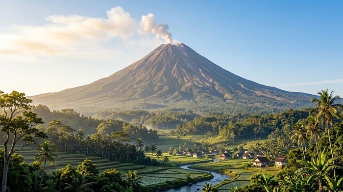Ilustrasi gunung berapi erupsi.