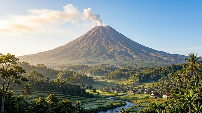 Ilustrasi gunung berapi erupsi.
