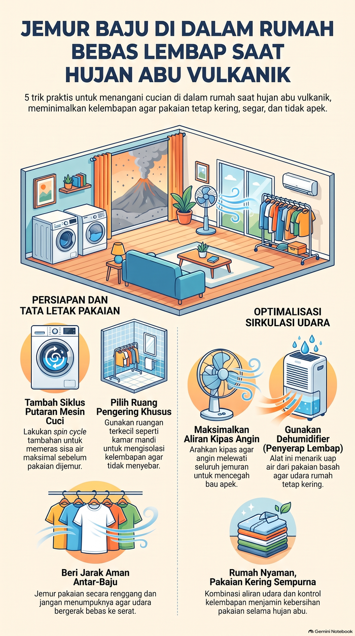 Tips jemur baju di dalam rumah saat hujan abu vulkanik.