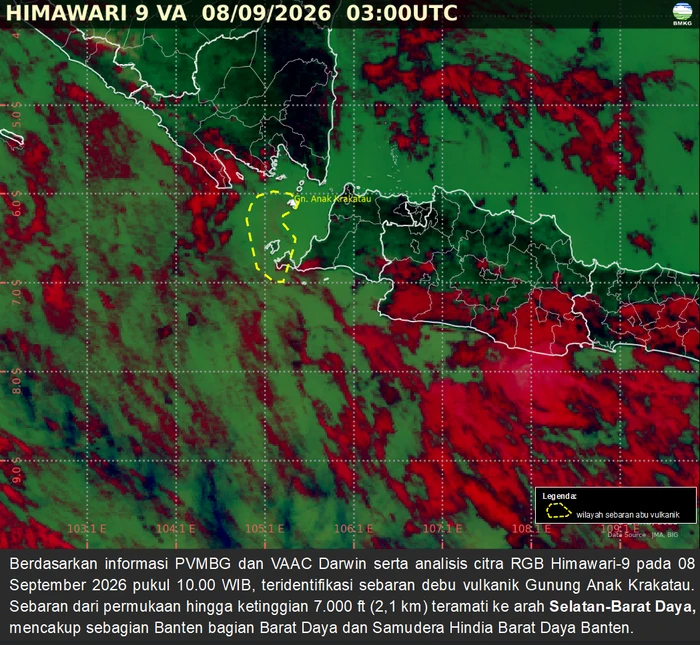 Citra satelit penyebaran abu vulkanik akibat erupsi Gunung Anak Krakatau (dok. BMKG)