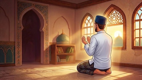 Ilustrasi muslim berdoa setelah sholat.