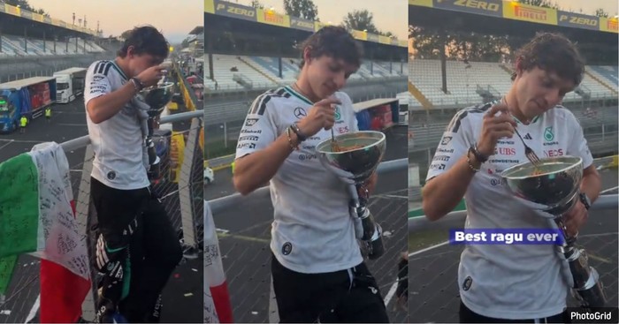 Unik! Menang di Monza, Kimi Antonelli Makan Pasta dari Trofi Formula 1