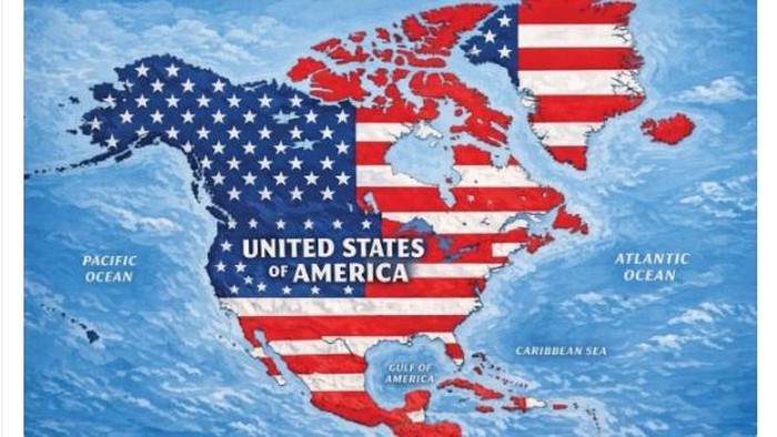 Postingan Trump via Truth Social menampilkan peta dengan motif bendera Amerika yang menyelimuti seluruh wilayah AS, Kanada, Meksiko, dan sebagian Amerika Tengah, serta Greeland, Islandia, dan pulau-pulau di Karibia seperti Kuba dan Jamaika.