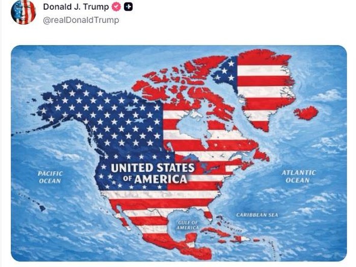 Postingan Trump via Truth Social menampilkan bendera AS menyelimuti wilayah Amerika Utara, termasuk Kanada, juga Meksiko, Greenland, dan Islandia (Truth Social/@realDonaldTrump)