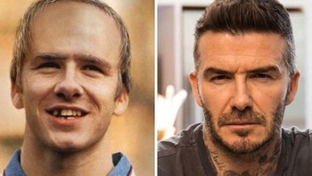 Prediksi dari 1998 oleh Fourfourtwo Magazine tentang penampilan David Beckham pada 2020 (kiri). Aslinya mah, gambar sebelah kanan. Foto: borjaramos via Bored Panda