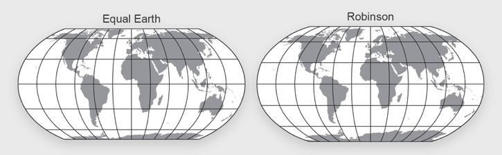 Bentuk keseluruhan Equal Earth mirip dengan proyeksi Robinson yang tidak berluas sama.