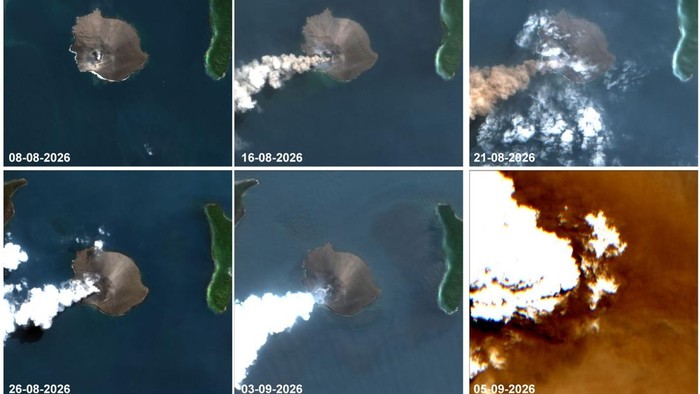 Citra satelit aktivitas Gunung Anak Krakatau dari tenang hingga erupsi (dok.Badan Informasi Geospasial)