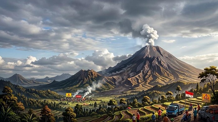 Ilustrasi erupsi gunung berapi. Gunung Semeru Level III Siaga.