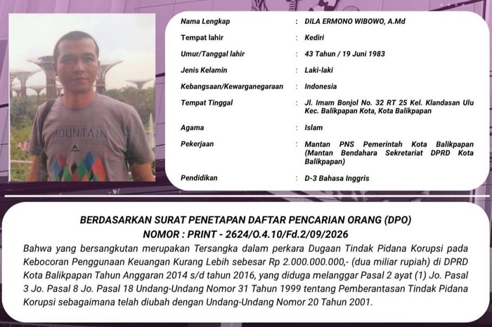 Mantan Bendahara Sekretariat DPRD Balikpapan, Dila Ermanno Wibowo (34) ditetapkan sebagai DPO Kejaksaan Negeri (Kejari) Balikpapan, Kalimantan Timur (Kaltim). (Istimewa)