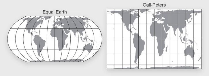 Perbandingan antara proyeksi Equal Earth dan Gall-Peters. Bentuk benua lebih mudah dikenali pada proyeksi Equal Earth.