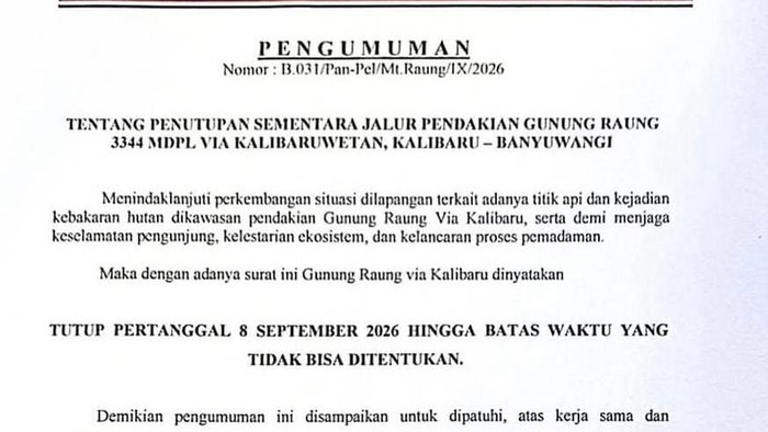 Surat edaran penutupan jalur pendakian Gunung Raung