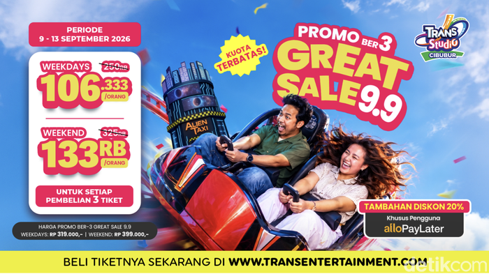 Lewat Great Sale 9.9, Trans Studio Cibubur menawarkan promo tiket ber-3 yang bisa jadi pilihan buat kamu yang ingin menikmati liburan indoor tanpa perlu keluar budget terlalu besar.
