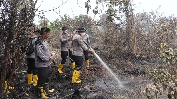 Siswa Sespimmen Polri Dikreg ke-67 tahun anggaran 2026 meninjau lahan bekas karhutla di wilayah Kecamatan Sungai Sembilan, Kota Dumai.