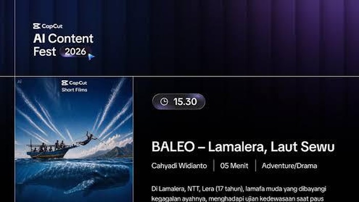 CapCut menggelar puncak AI Content Fest 2026, kompetisi dan festival film pendek skala nasional. Sepuluh karya ditayangkan di layar lebar CGV Grand Indonesia.