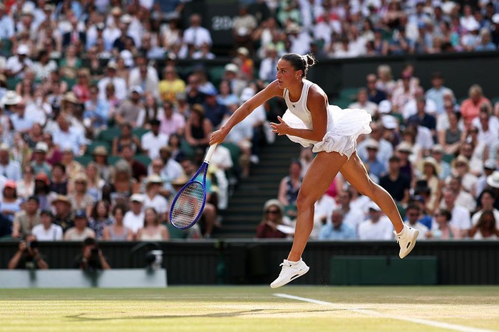LONDON, ENGLAND - JULY 09: Marta Kostyuk of Ukraine reacts in the Ladies Singles Semi Finals match against Linda Noskova of Czech Republic on day eleven of The Championships Wimbledon 2026 at All England Lawn Tennis and Croquet Club on July 09, 2026 in London, England. (Photo by Shi Tang/Getty Images)