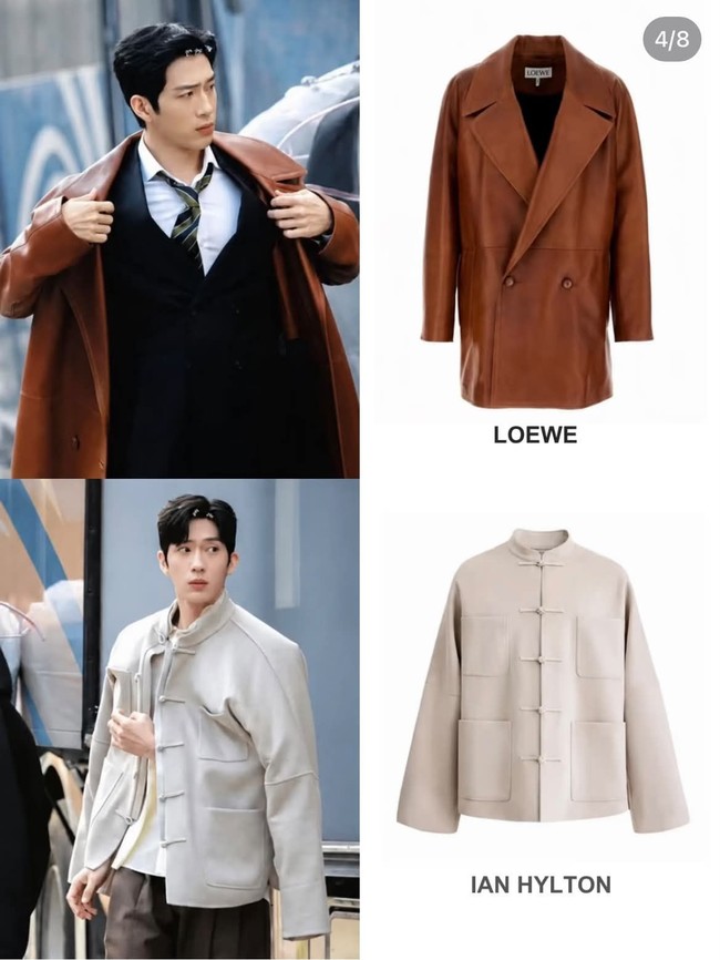 Tampil karismatik dengan leather coat cokelat dari Loewe, Jing Boran juga bisa memberikan kesan kasual-modern saat memadukan jaket berkerah Shanghai dari Ian Hylton. Foto: Dok. Weibo, Netflix, Instagram