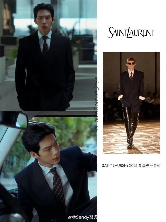 Jing Boran tampil bak eksekutif sejati dalam balutan setelan double-breasted dari Saint Laurent. Foto: Dok. Weibo, Netflix, Instagram