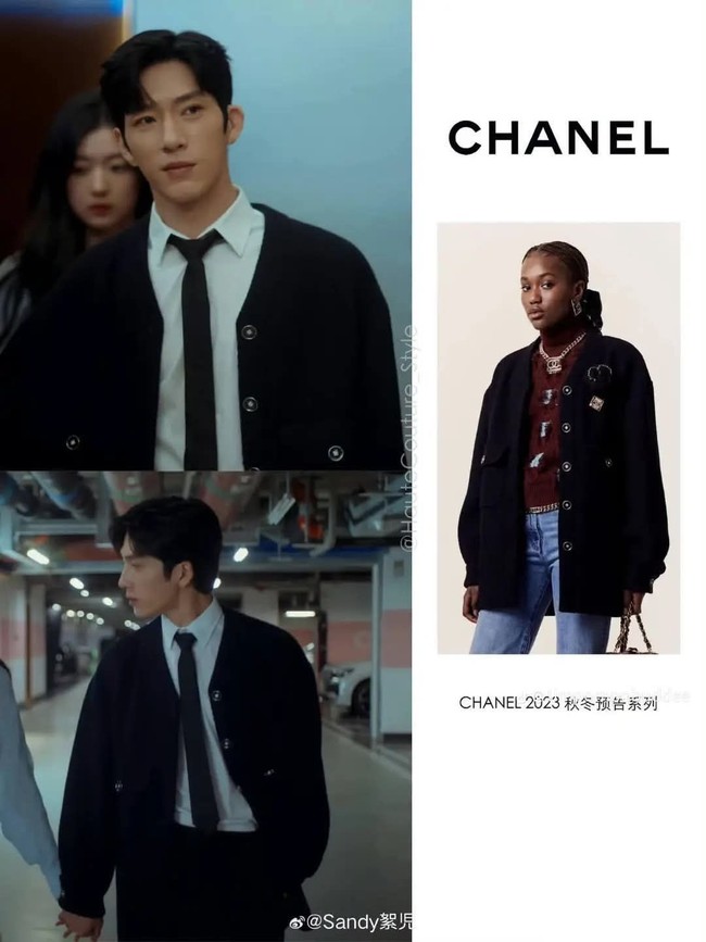 Jing Boran memadukan kemeja formal dengan cardigan Chanel saat melakukan adegan romantis di parkiran kantor Ling Mei bersama lawan mainnya di The Early Spring, Sun Qian yang memerankan Shang Zhi Ta. Foto: Dok. Weibo, Netflix, Instagram
