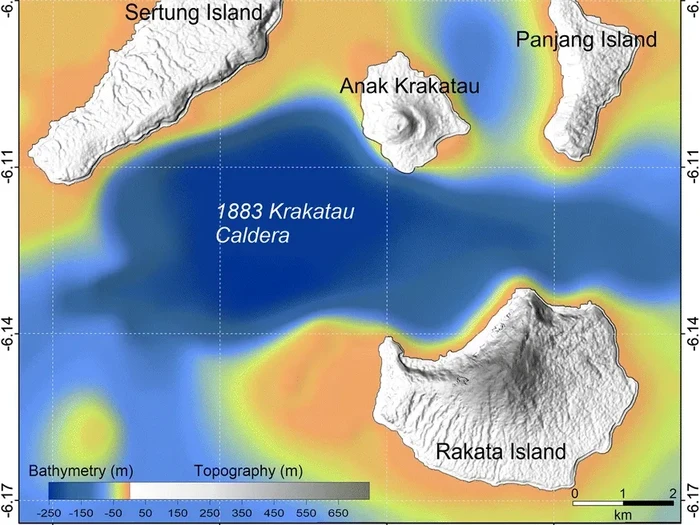 Model elevasi digital Kaldera 1883, termasuk (searah jarum jam) Pulau Sertung, Anak Krakatau, Pulau Panjang, dan Pulau Rakata.