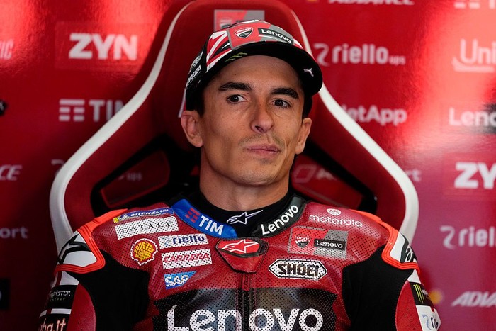 MISANO ADRIATICO, ITALY - SEPTEMBER 11: Ducati Lenovo Team rider Marc Marquez of Spain look on at box during Free Practice of MotoGP Of San Marino at Misano World Circuit on September 11, 2026 in Misano Adriatico, Italy. (Photo by Danilo Di Giovanni/