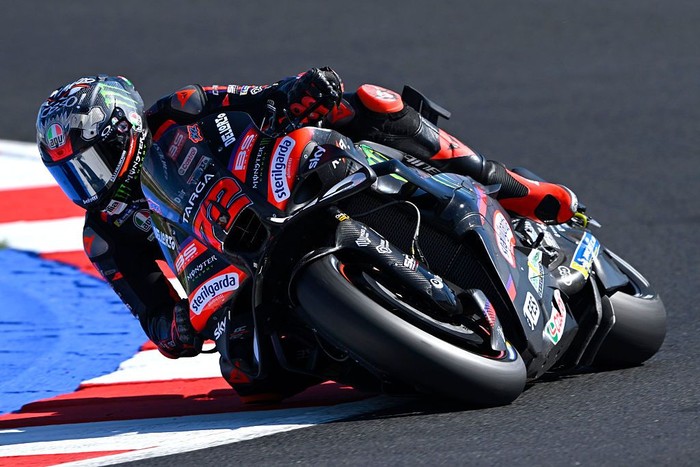 MISANO ADRIATICO, ITALY - SEPTEMBER 12: Marco Bezzecchi of Italy riding the Factory Racing Aprilia (72) on track during Qualifying at Misano World Circuit on September 12, 2026 in Misano Adriatico, Italy. (Photo by Gold & Goose Photography/LAT Images