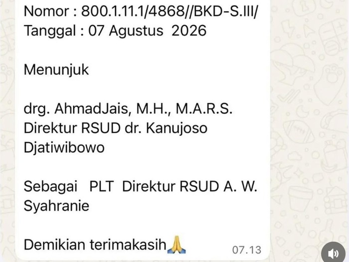 Pesan WA yang tersebar tentang pergantian Direktur RSUD AWS Samarinda. (dok Istimewa)