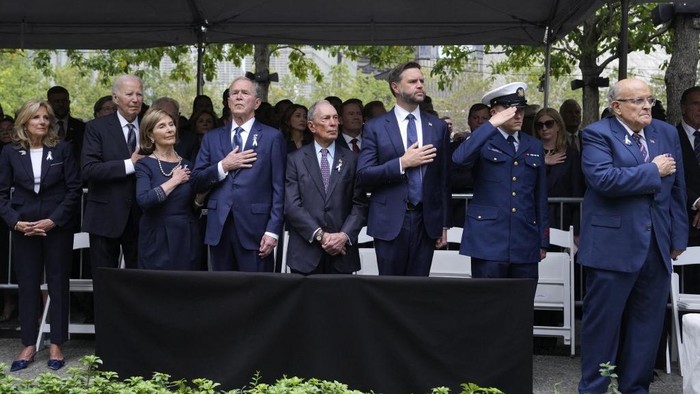 NEW YORK, NEW YORK - SEPTEMBER 11: (L-R) Dr. Jill Biden, Former President Joe Biden, Laura Bush, Former President George W. Bush, Michael Bloomberg, Vice President JD Vance, Former NYC Mayor Rudy Giuliani attend the ceremony to commemorate the 25th anniversary of the September 11th terrorist attacks on the World Trade Center at the National 9/11 Memorial & Museum on September 11, 2026, in New York City. The United States is marking the 25th anniversary of the terrorist attacks of September 11, 2001, when a group of al-Qaeda hijackers flew airplanes into the World Trade Center, Shanksville, Pennsylvania, and the Pentagon, killing nearly 3,000 people.   Hiroko Masuike - Pool/Getty Images/AFP (Photo by POOL / GETTY IMAGES NORTH AMERICA / Getty Images via AFP)