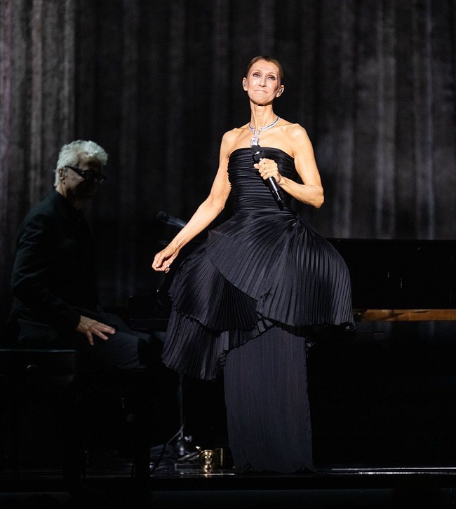 Dalam momen bersejarah itu, Celine Dion terlihat menawan mengenakan strapless gown hitam bergaya Gotik dengan bagian atas menyerupai korset dan rok tulle berlapis. Foto: Samir Hussein/WireImage/Samir Hussein