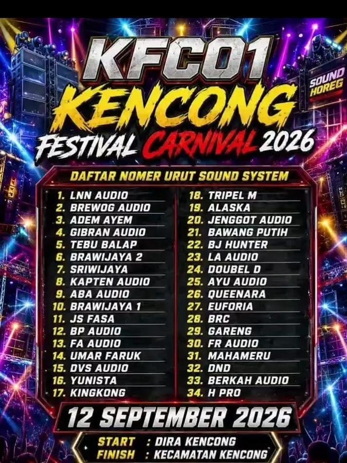 Poster Kencong Festival Carnaval yang menampilkan 34 armada sound horeg