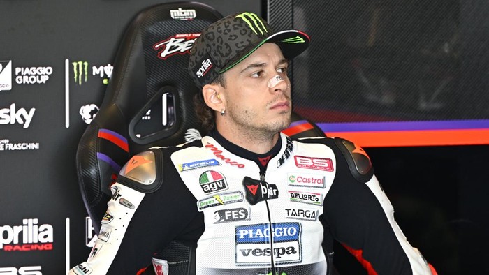MISANO ADRIATICO, ITALY - SEPTEMBER 13: Marco Bezzecchi of Italy riding the Factory Racing Aprilia in the garage during Warm Up at Misano World Circuit on September 13, 2026 in Misano Adriatico, Italy. (Photo by Gold & Goose Photography/Getty Images)