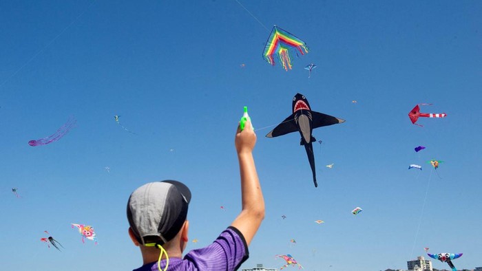 Langit Pantai Bondi, Sydney, Australia, dipenuhi warna-warni layang-layang saat Festival of the Winds tahunan digelar pada Minggu (13/9/2026). Festival tersebut menghadirkan pemandangan menarik bagi warga yang menikmati suasana pantai. REUTERS/Jeremy Piper