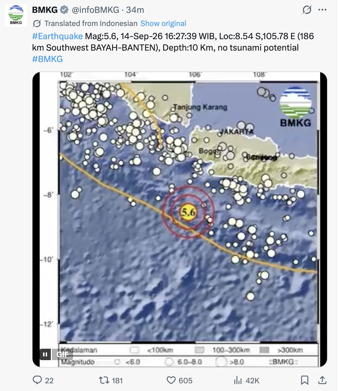 Gempa bumi mengguncang Bayah, Banten dengan kekuatan 5,6 Magnitudo dengan kedalaman 10 Km pada Senin (14/9/2026). (X/infoBMKG)