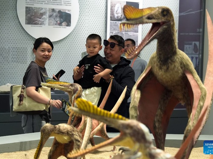 Pengunjung melihat replika pterosaurus di museum sains di Hami, Daerah Otonomi Xinjiang Uygur, China, 13 September 2026.