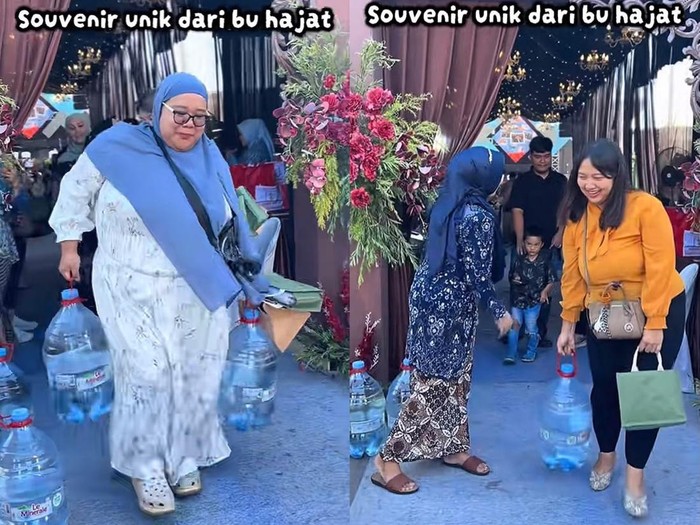 Heboh video viral bu hajat pesta khitanan berbusana bak resepsi pernikahan yang membagikan souvenir unik berupa galon air mineral kepada para tamu undangan.