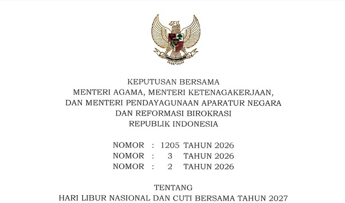 SKB 3 Menteri: Libur Nasional dan Cuti Bersama 2027