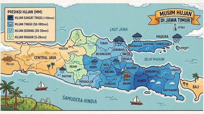 Ilustrasi prediksi musim hujan di Jawa Timur.