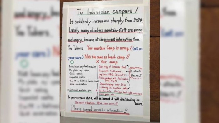 Sebuah video viral di media sosial memperlihatkan sebuah papan teguran untuk pelancong asal Indonesia di salah satu lokasi wisata di Jepang. (Instagram/@adriansyahyasin)