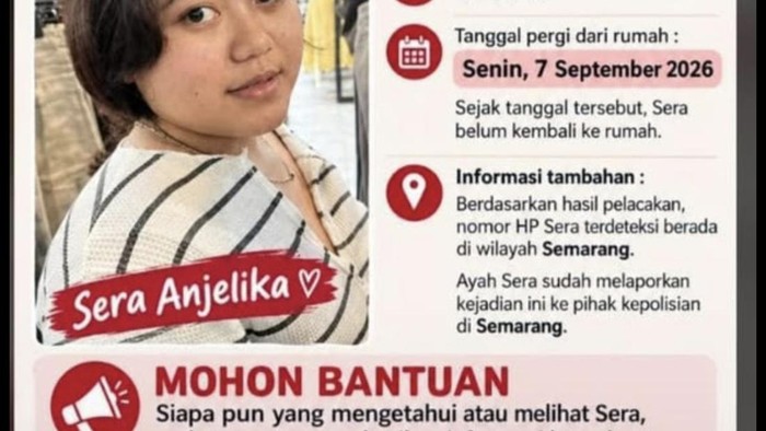 Poster pencarian Sera Anjelika yang dilaporkan hilang.