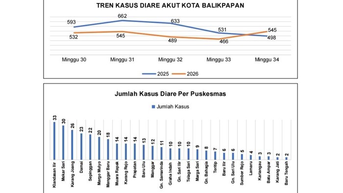 Grafik distribusi kasus diare akut pada tahun 2026 minggu ke-30 sampai dengan minggu ke-34. (Dok Dinkes Balikpapan)
