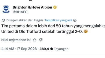 Brighton menjadi tim pertama dalam lebih dari 50 tahun yang berhasil mengalahkan MU di Old Trafford setelah tertinggal 0-2. Foto: X.com