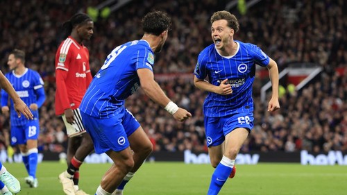 MANCHESTER, ENGLAND - SEPTEMBER 16: Maxim De Cuyper of Brighton and Hove Albion celebrates 3rd goal during the Carabao Cup Third Round match between Manchester United and Brighton & Hove Albion at Old Trafford on September 16, 2026 in Manchester, England. (Photo by Nigel French/Sportsphoto/Allstar via Getty Images)